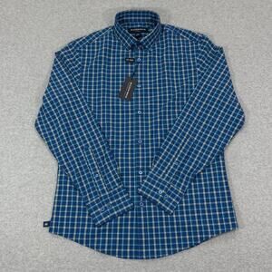 Mizzen+Main Leeward Dress Shirt Small S Trim No Tuck Dark Blue Plaid Stretch NWT